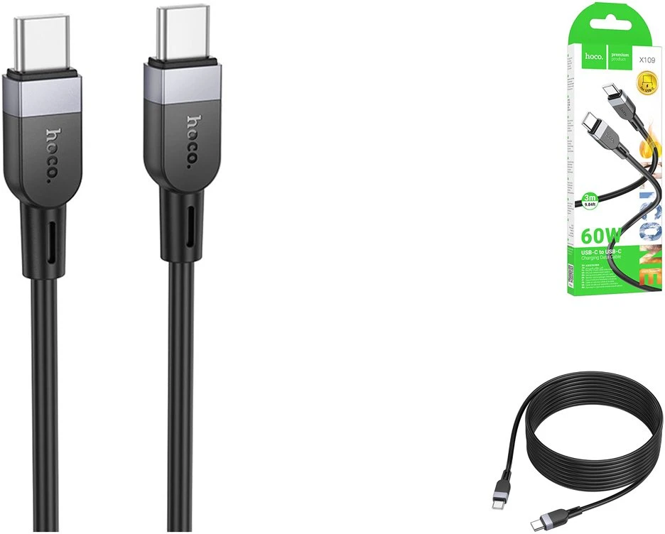 Silicone Cable USB C to USB C Hoco 3A 60W 3 m X109 juodas