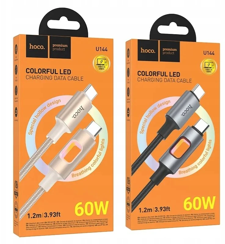 LED Cable USB C to USB C Hoco 3A 60W 1,2 m U144 juodas