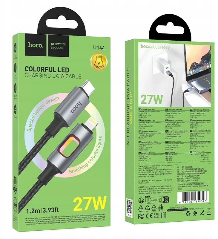LED laidas USB C - Lightning Hoco PD 27W 1,2 m U144 juodas