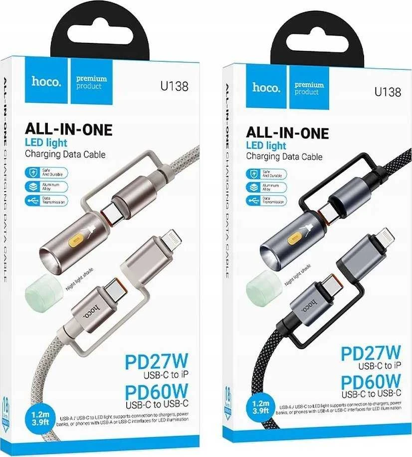 Laidas „viskas viename“ USB C / „Lightning“ į USB C / LED šviesą Hoco PD 3A 60W 1,2 m U138 pilkas
