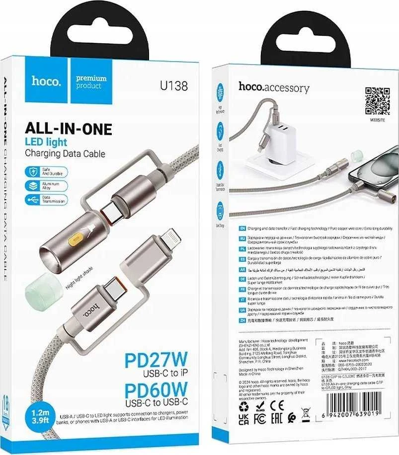 Laidas „viskas viename“ USB C / „Lightning“ į USB C / LED šviesą Hoco PD 3A 60W 1,2 m U138 pilkas