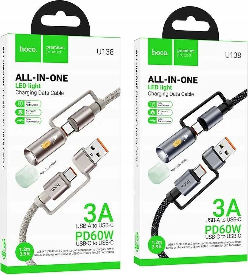 Kabelis „viskas viename“ USB A / USB C į USB C / LED šviesos Hoco 3A 60W 1,2 m U138 juodas
