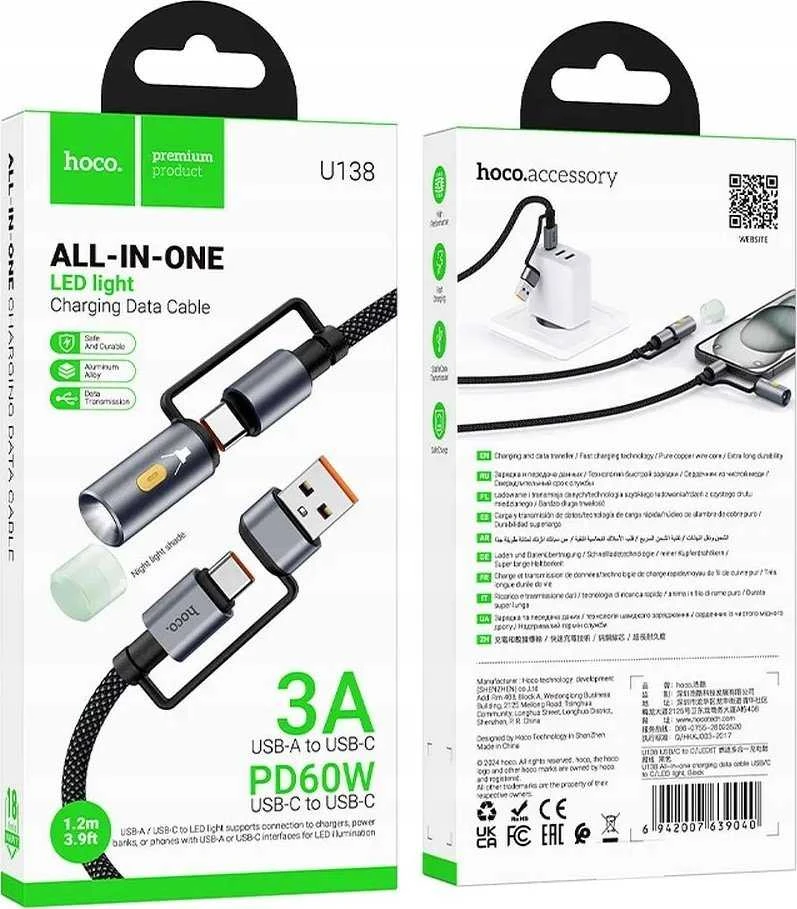 Kabelis „viskas viename“ USB A / USB C į USB C / LED šviesos Hoco 3A 60W 1,2 m U138 juodas