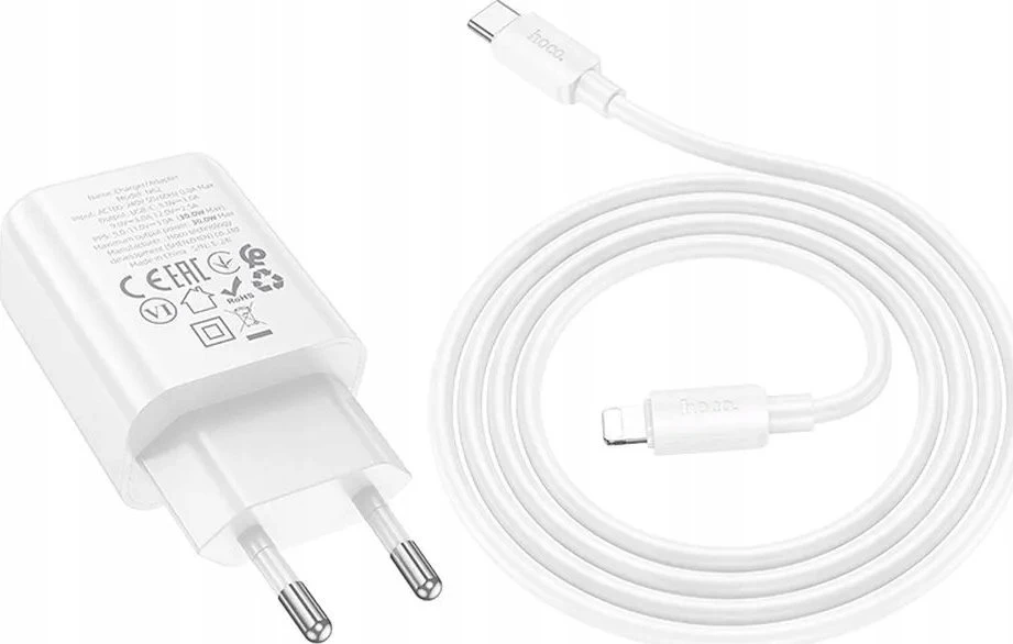 Telefono įkroviklis Hoco USB C QC PD 30W + laidas USB C į Lightning N62 baltas