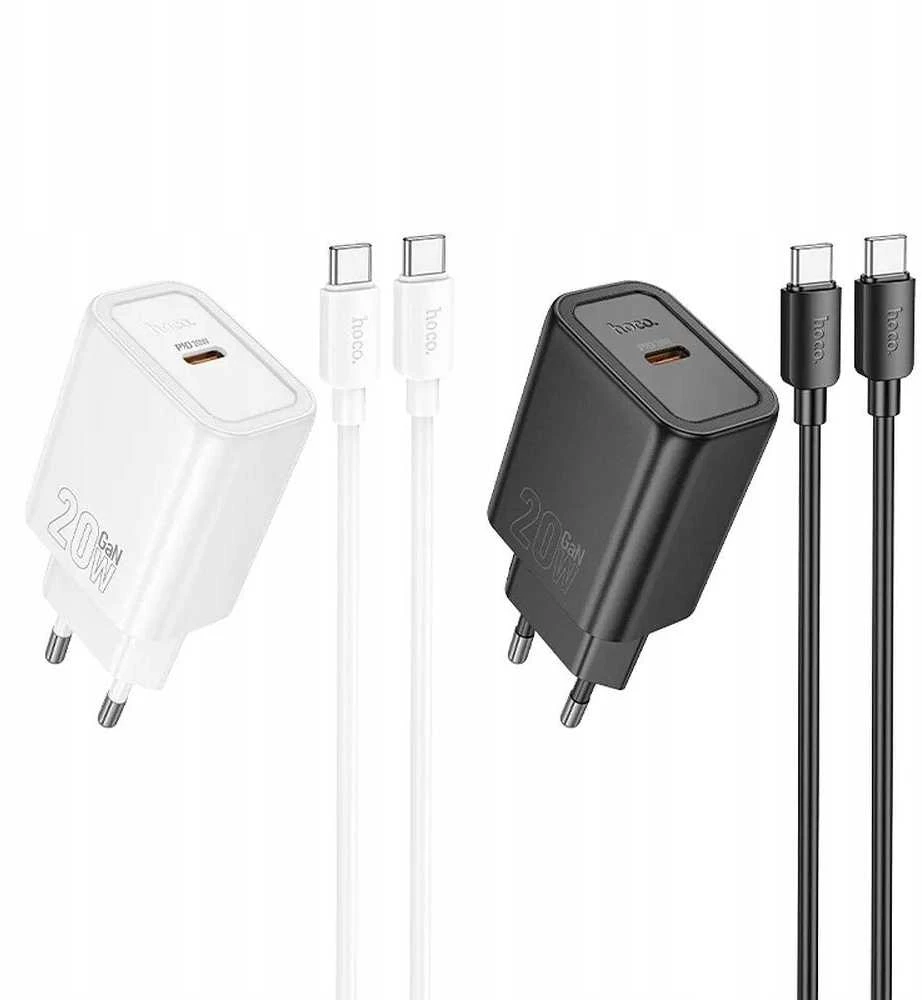 Telefono įkroviklis Hoco USB C QC PD 20W + laidas USB C į USB C N60 juodas
