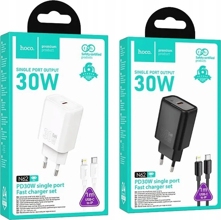 Telefono įkroviklis Hoco USB C QC PD 30W + laidas USB C į Lightning N62 baltas