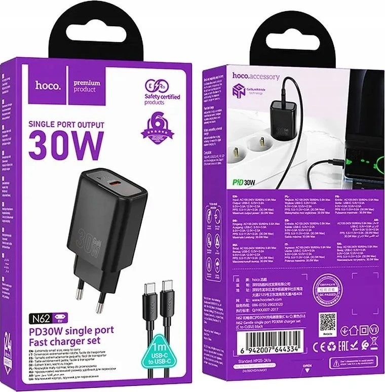 Telefono įkroviklis Hoco USB C QC PD 30W + laidas USB C į USB C N62 juodas