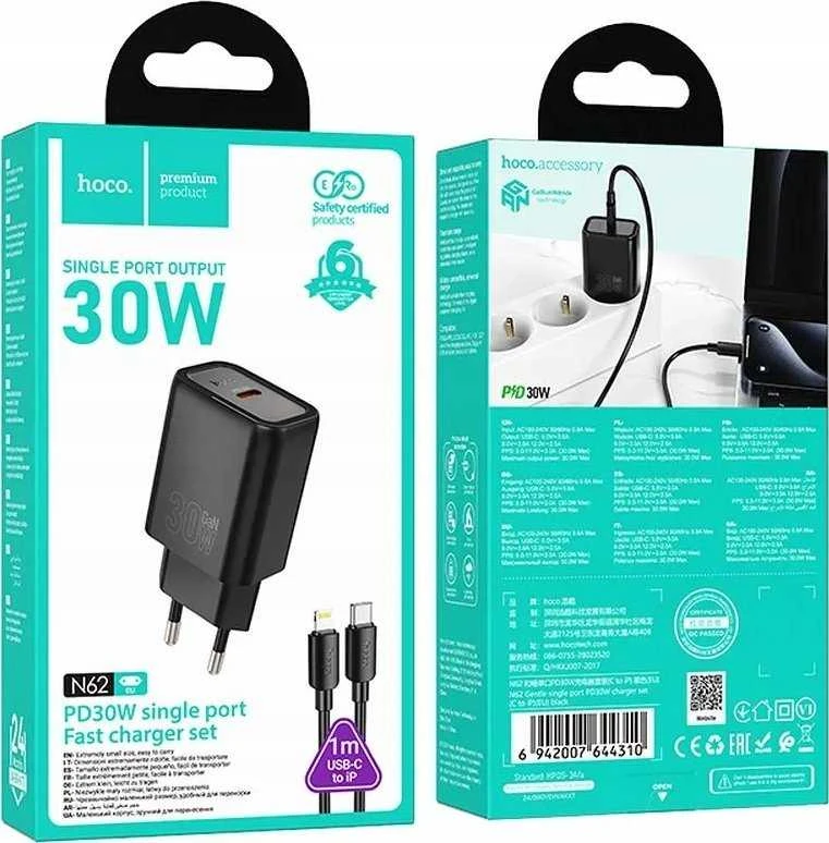 Telefono įkroviklis Hoco USB C QC PD 30W + laidas USB C - Lightning N62 juodas