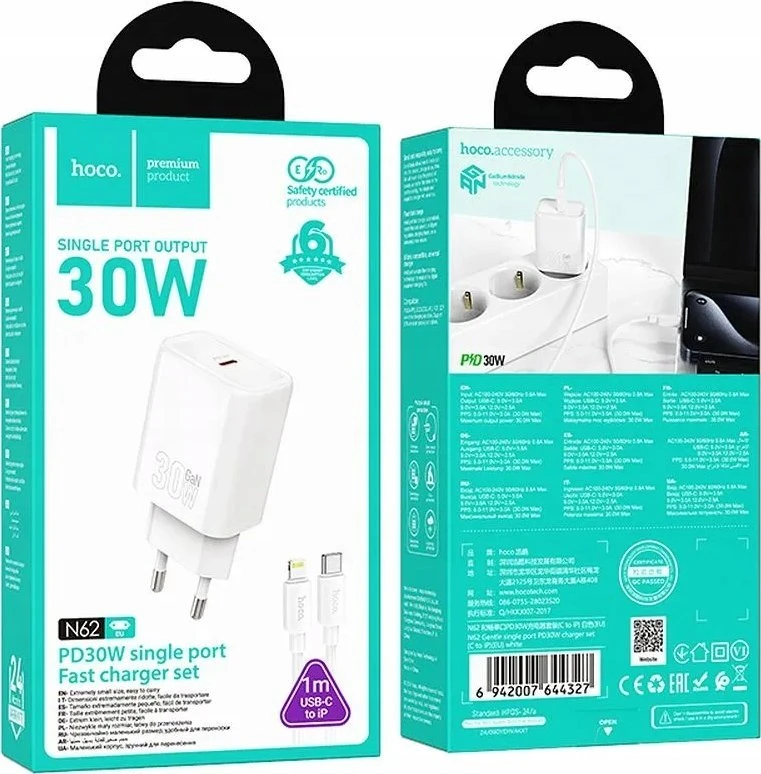 Telefono įkroviklis Hoco USB C QC PD 30W + laidas USB C į Lightning N62 baltas