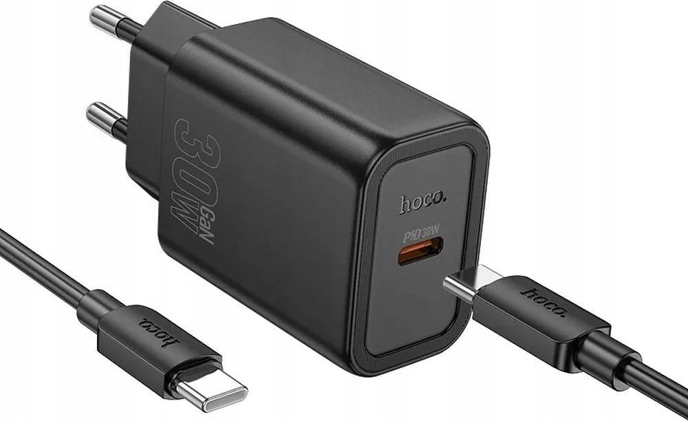Telefono įkroviklis Hoco USB C QC PD 30W + laidas USB C į USB C N62 juodas