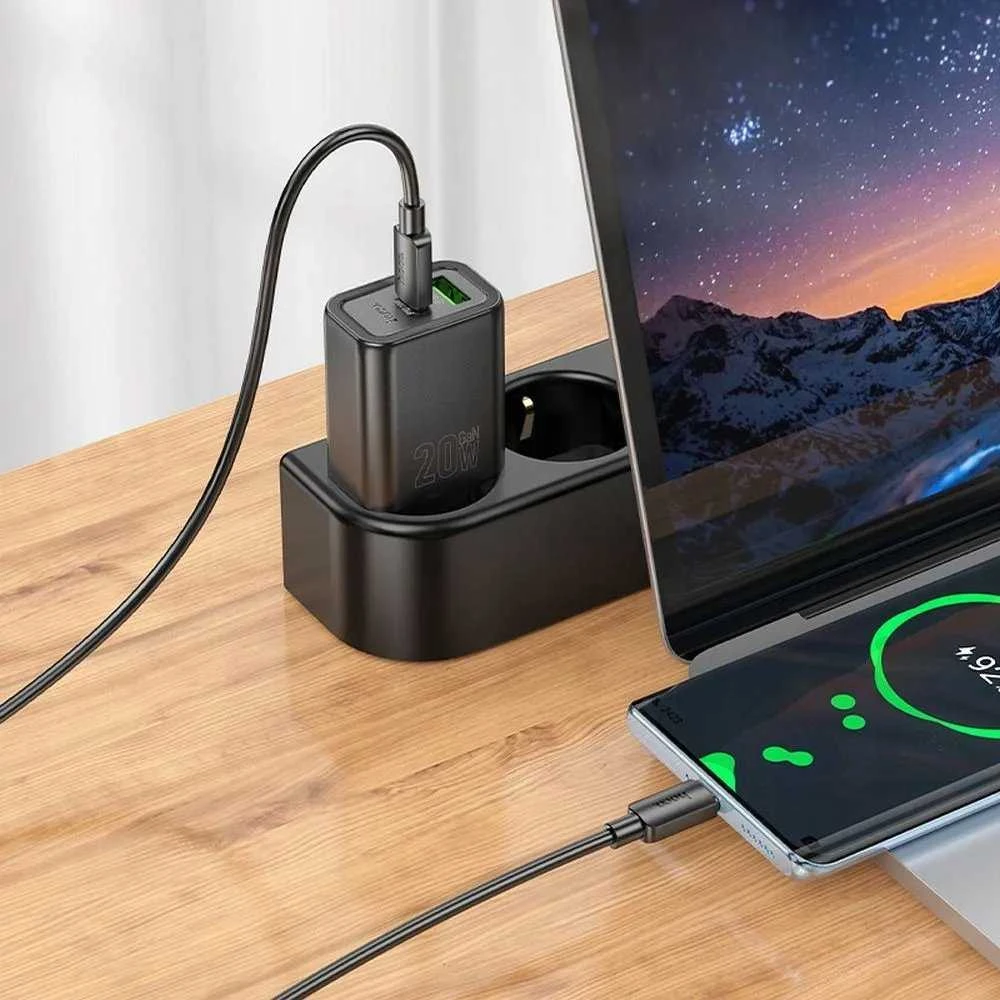 Telefono įkroviklis Hoco USB C QC PD 20W + laidas USB C į USB C N60 baltas