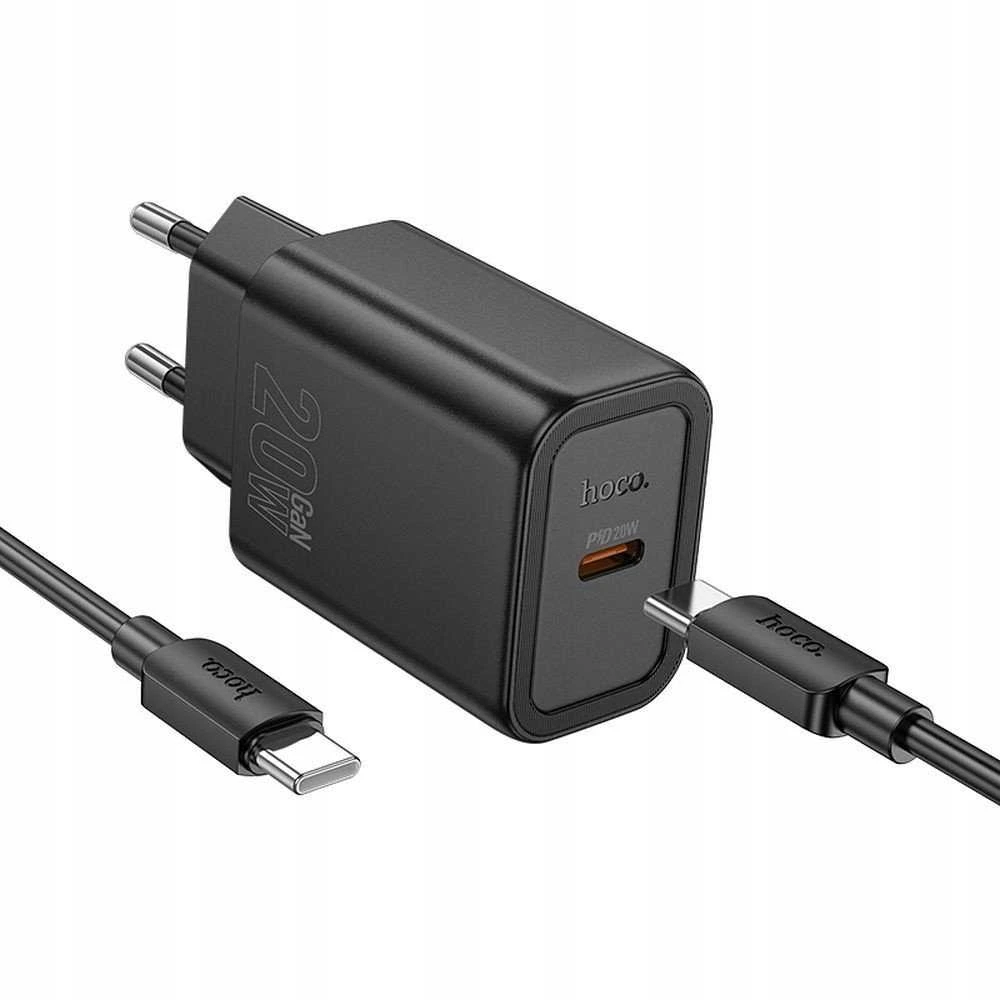 Telefono įkroviklis Hoco USB C QC PD 20W + laidas USB C į USB C N60 juodas