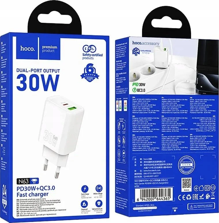 Telefono įkroviklis Hoco USB A + USB C QC3.0 PD 3A 30W N63 baltas