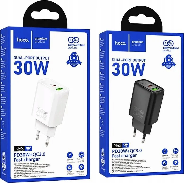 Telefono įkroviklis Hoco USB A + USB C QC3.0 PD 3A 30W N63 baltas