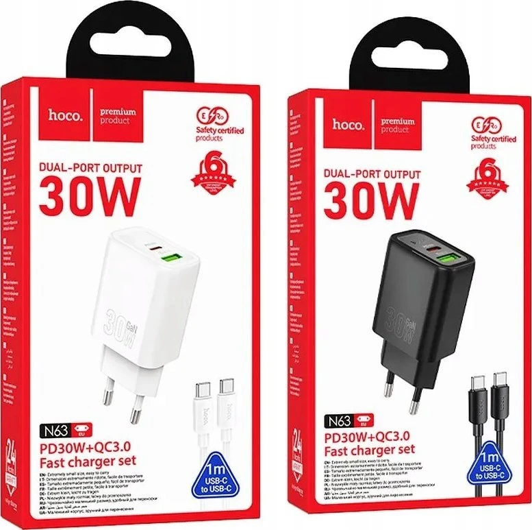 Telefono įkroviklis Hoco USB A + USB C QC3.0 PD 3A 30W + laidas USB C į USB C N63 baltas