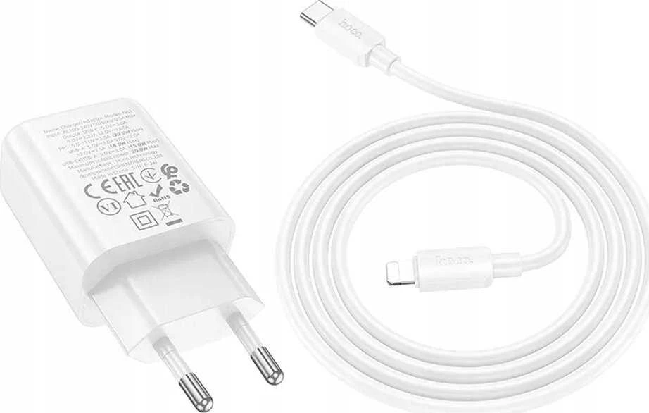 Telefono įkroviklis Hoco USB A + USB C QC3.0 PD 3A 20W + laidas USB C į Lightning N61 baltas