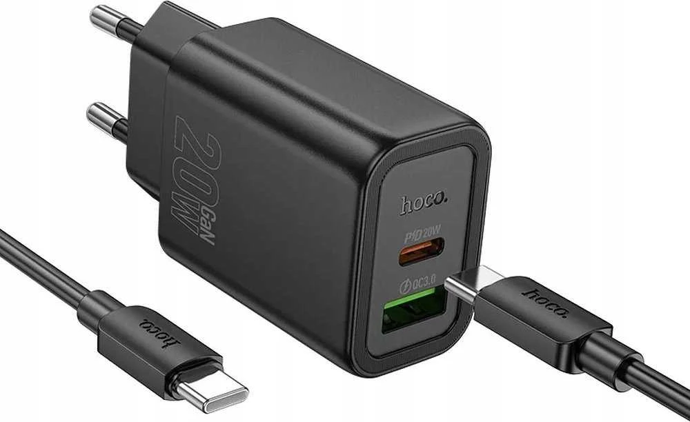 Telefono įkroviklis Hoco USB A + USB C QC3.0 PD 3A 20W + laidas USB C - Lightning N61 juodas