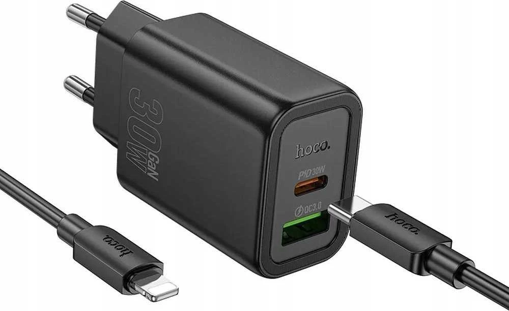 Telefono įkroviklis Hoco USB A + USB C QC3.0 PD 3A 30W + laidas USB C į Lightning N63 juodas
