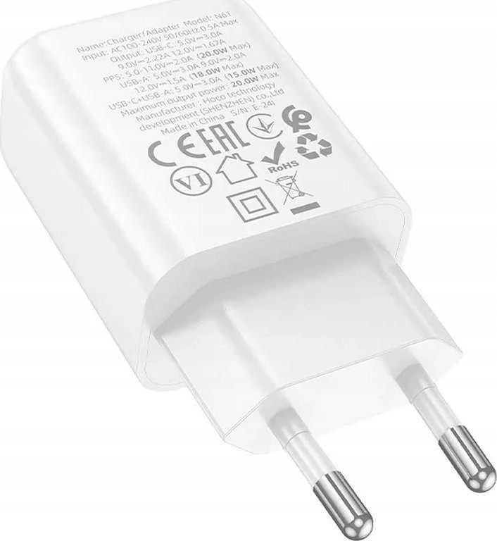 Telefono įkroviklis Hoco USB A + USB C QC3.0 PD 3A 20W N61 baltas
