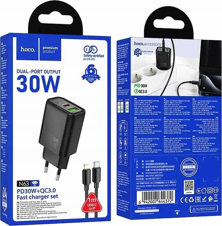 Telefono įkroviklis Hoco USB A + USB C QC3.0 PD 3A 30W + laidas USB C į Lightning N63 juodas