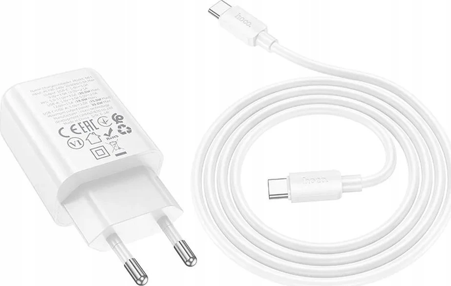Telefono įkroviklis Hoco USB A + USB C QC3.0 PD 3A 30W + laidas USB C į USB C N63 baltas