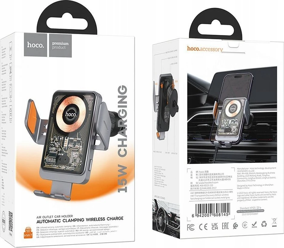Belaidis automobilio telefono laikiklis Hoco 15 W oro išleidimo angos HW7 pilka