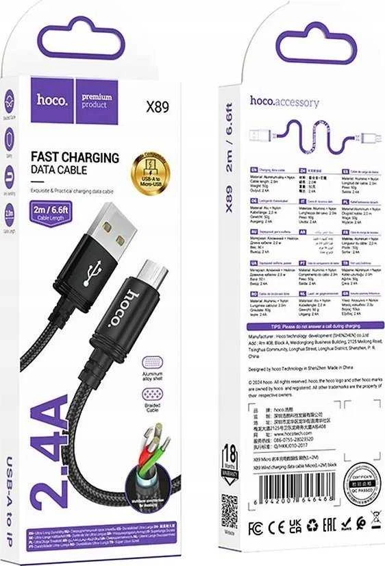 Cable USB A to Micro USB Hoco 2,4A 2 m X89 juodas