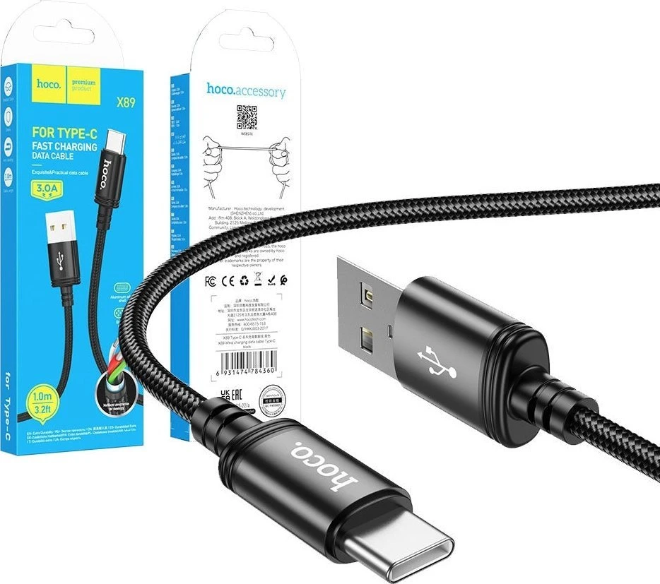 Cable USB A to USB C Hoco 3A 1 m X89 juodas