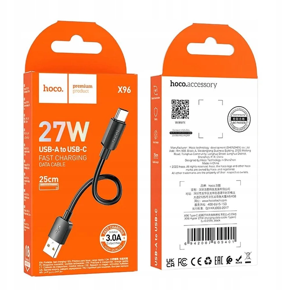 Cable USB A to USB C Hoco PD 2,4A 27W 0,25 m X96 juodas