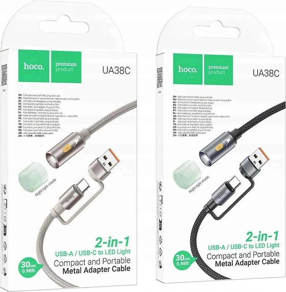 USB A / USB C laidas su LED lempute Hoco UA38C auksinis 0,3 m