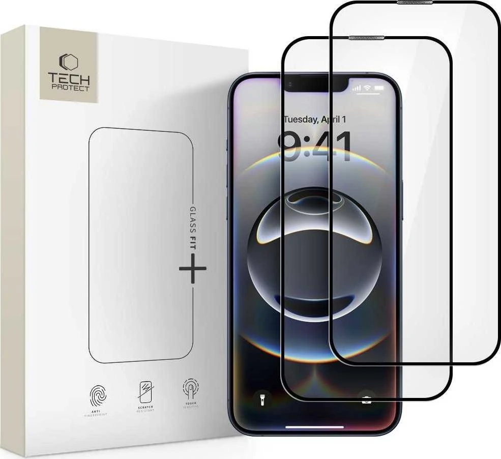 „Tech-Protect Glass Fit+“ 2 grūdinto stiklo pakuotė, skirta „iPhone 17e / 16e / 14 / 13 Pro / 13“ - juodas