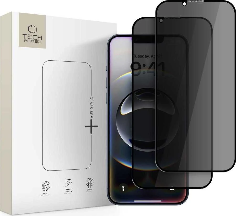 „Tech-Protect Anti Spy Glass Pro+“ 2 vnt. pakuotė, skirta „iPhone 17e / 16e / 14 / 13 Pro / 13“ - juodas