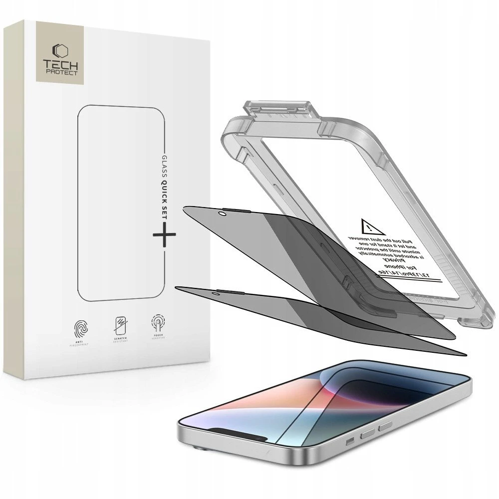 „Tech-Protect Quick Set Spy+“ privatumo stiklų, skirtų „iPhone 13 / 13 Pro / 14 / 16e / 17e“, 2 vnt. pakuotėje