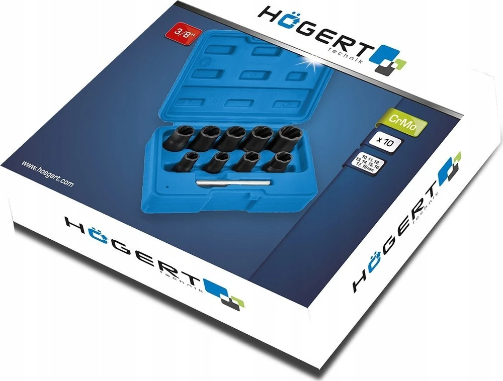 Hogert Technik Galvučių komplektas Hogert HT8G401; 3/8''; 10-19 mm; 10 vnt.