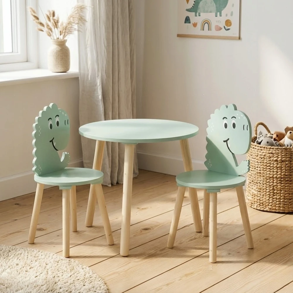 Home Styling Collection Medinis stalas su 2 kėdėmis vaikams, dinozaurų tema, aukštis 50 cm.
