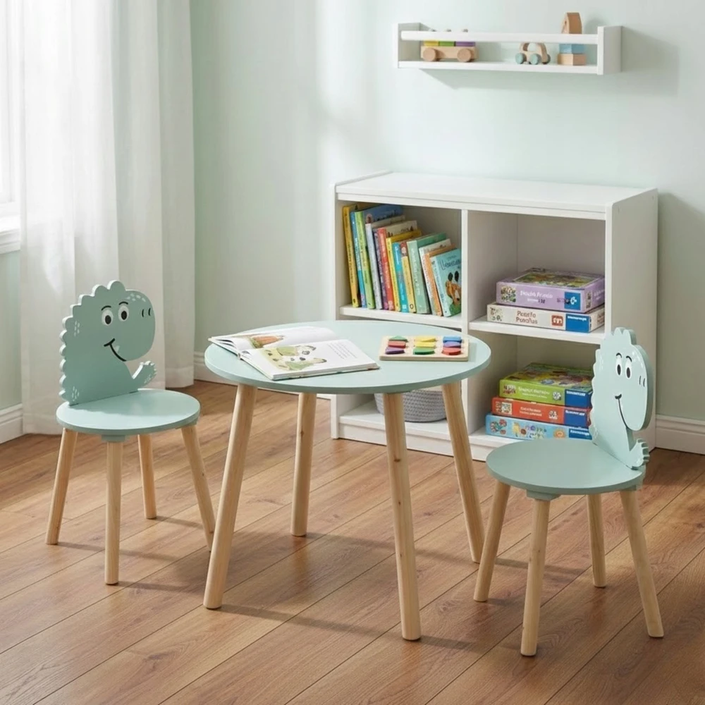 Home Styling Collection Medinis stalas su 2 kėdėmis vaikams, dinozaurų tema, aukštis 50 cm.