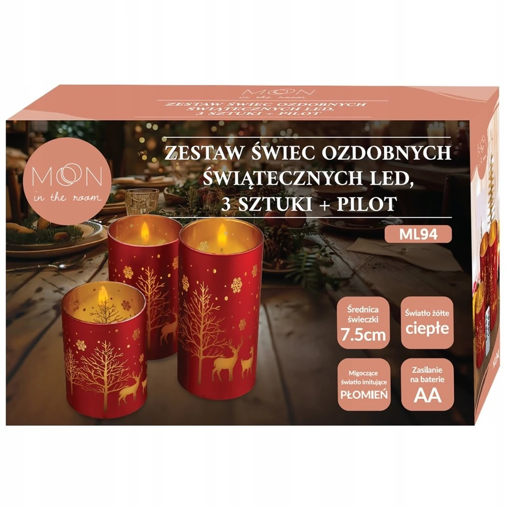 Home Styling Collection Lamex Dekoratyvinis LED žvakių rinkinys 3 vnt. Kalėdų raudona ir auksinė + nuotolinio valdymo pultas