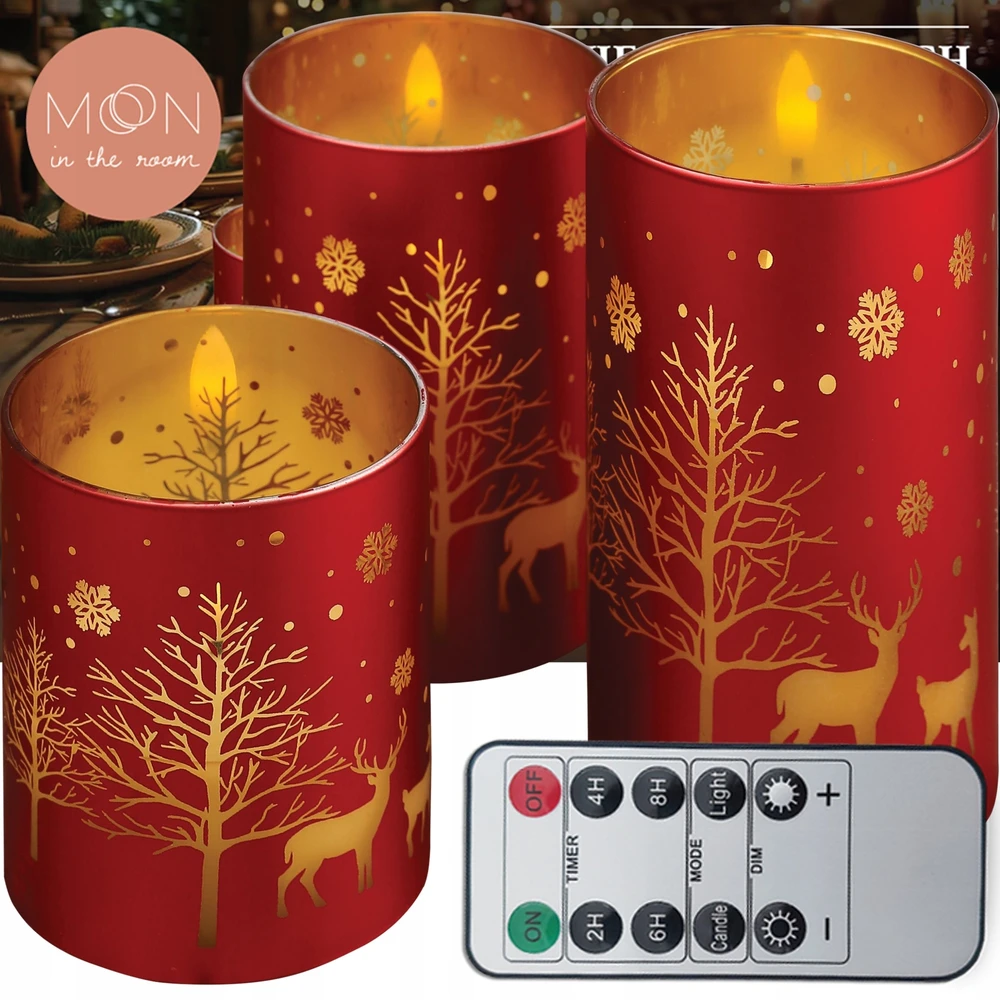 Home Styling Collection Lamex Dekoratyvinis LED žvakių rinkinys 3 vnt. Kalėdų raudona ir auksinė + nuotolinio valdymo pultas