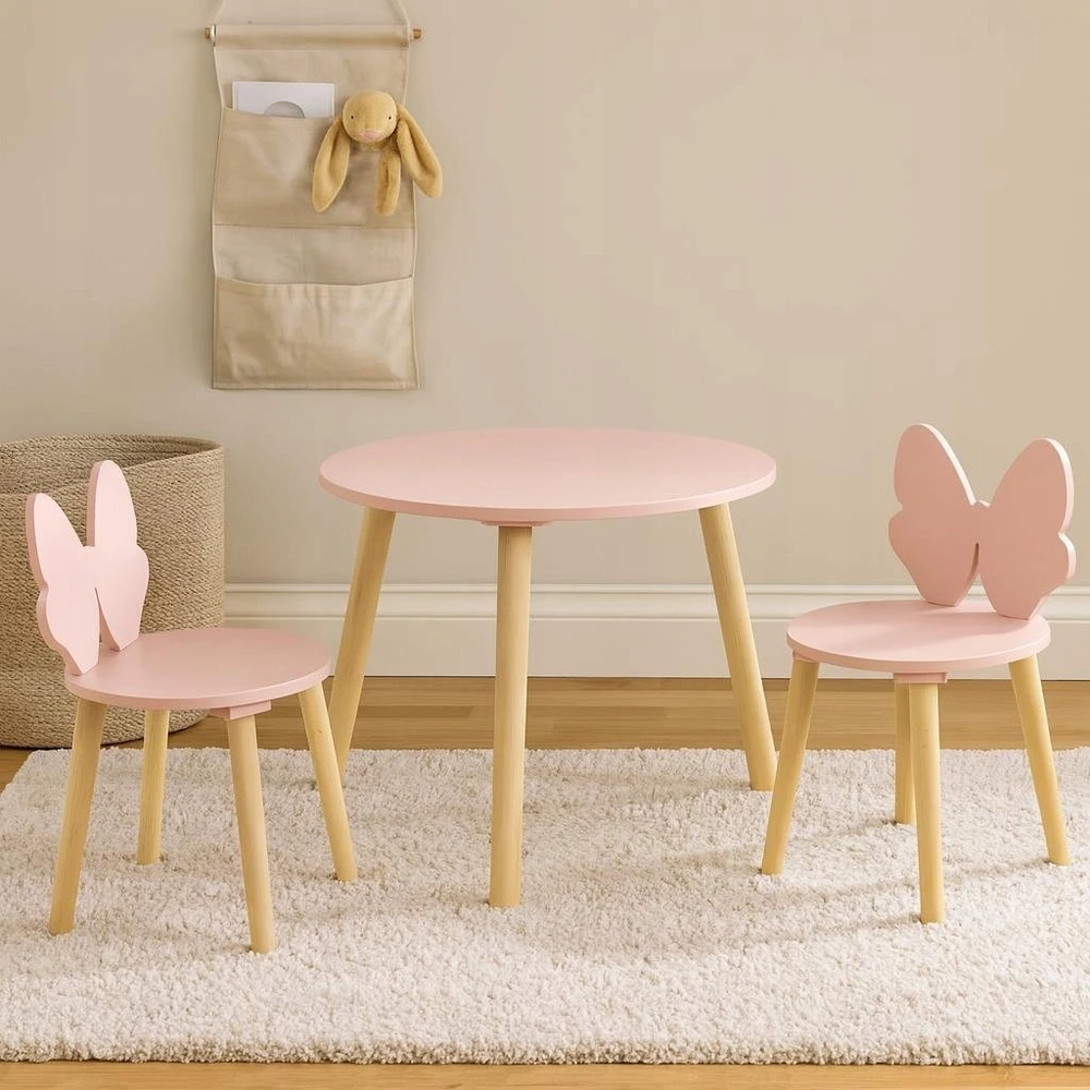 Home Styling Collection Vaikiškų baldų rinkinys su rožiniu kaspinu, staliukas + 2 kėdės