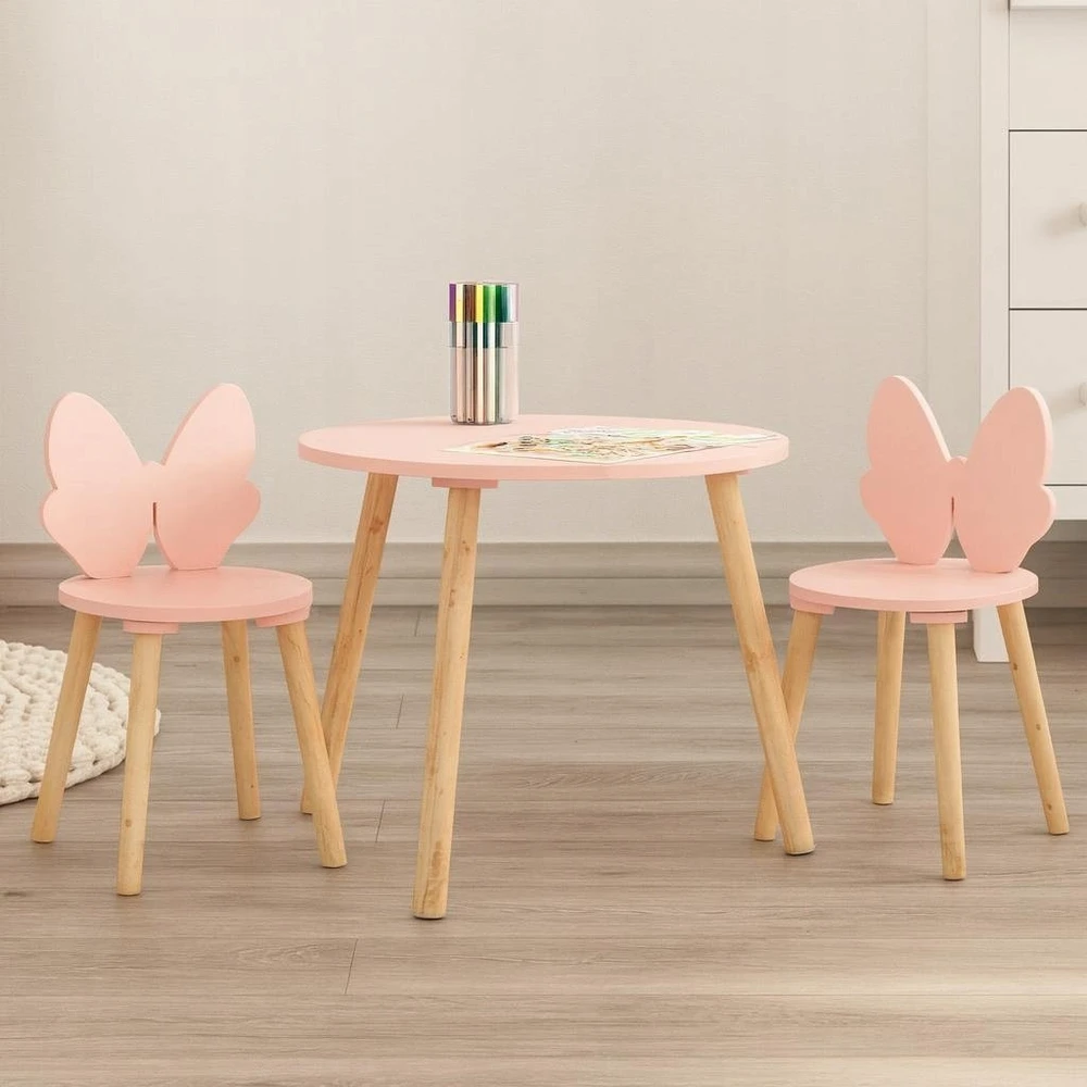 Home Styling Collection Vaikiškų baldų rinkinys su rožiniu kaspinu, staliukas + 2 kėdės