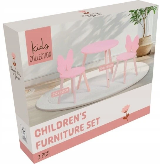 Home Styling Collection Vaikiškų baldų rinkinys su rožiniu kaspinu, staliukas + 2 kėdės