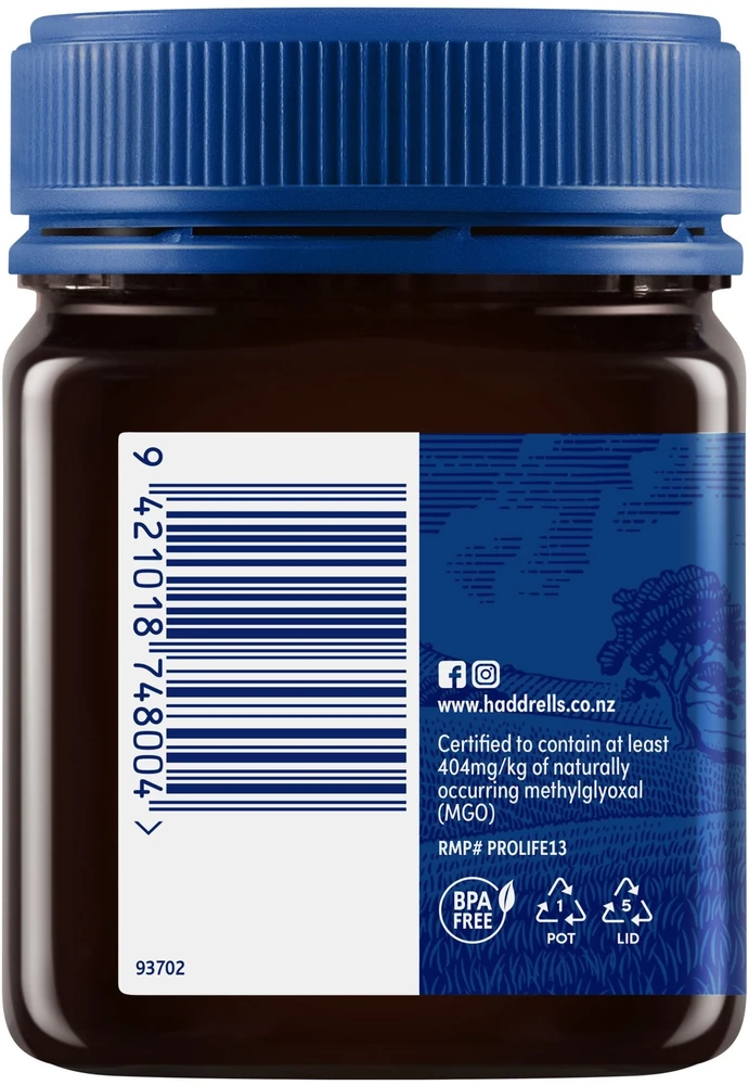 Honey New Zealand Haddrells Manuka medus UMF13+ MGO404+ 250g