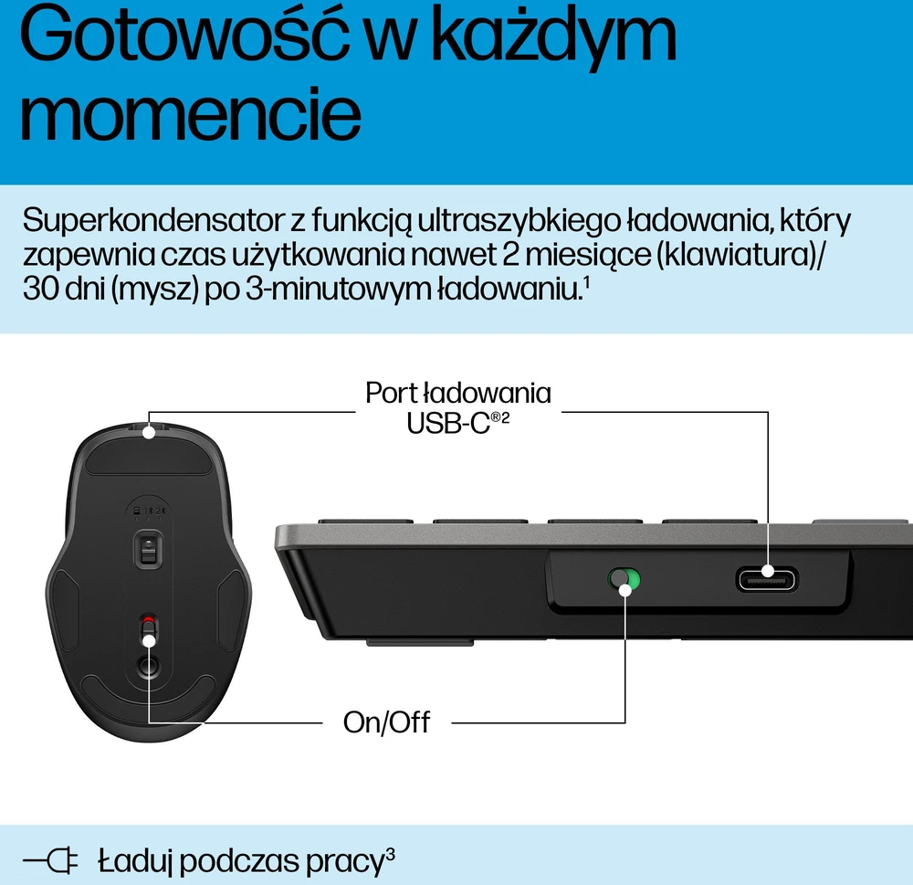 Klaviatūra HP 725 Įkraunamas belaidis klaviatūros ir pelės rinkinys, skirtas įvairiems įrenginiams, pilno dydžio (100 %), belaidis, radijo dažnių belaidis ryšys + „Bluetooth“, žirklinis jungiklis, juodas, pelė pridėta