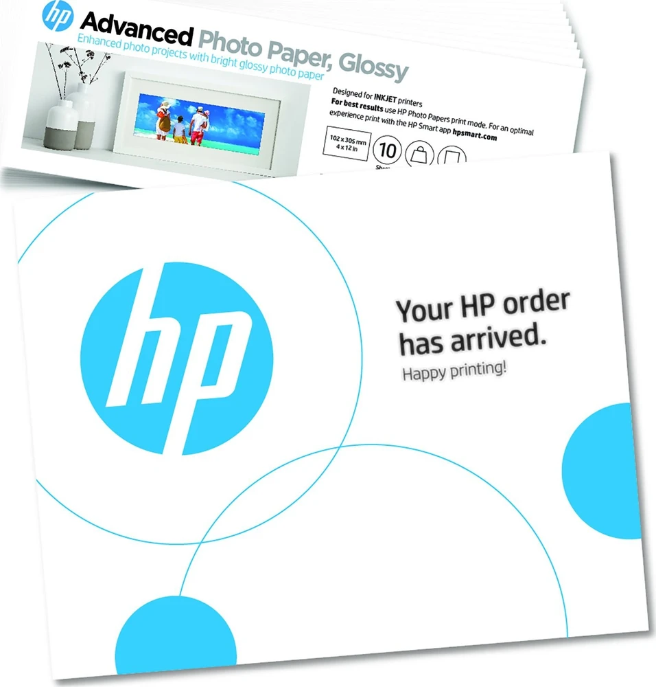 HP Advanced – blizgus – 10,5 mil – 102 x 305 mm – 250 g/m2 – 65 svarai – 10 lapų fotopopierius – skirtas ENVY Inspire 7920e