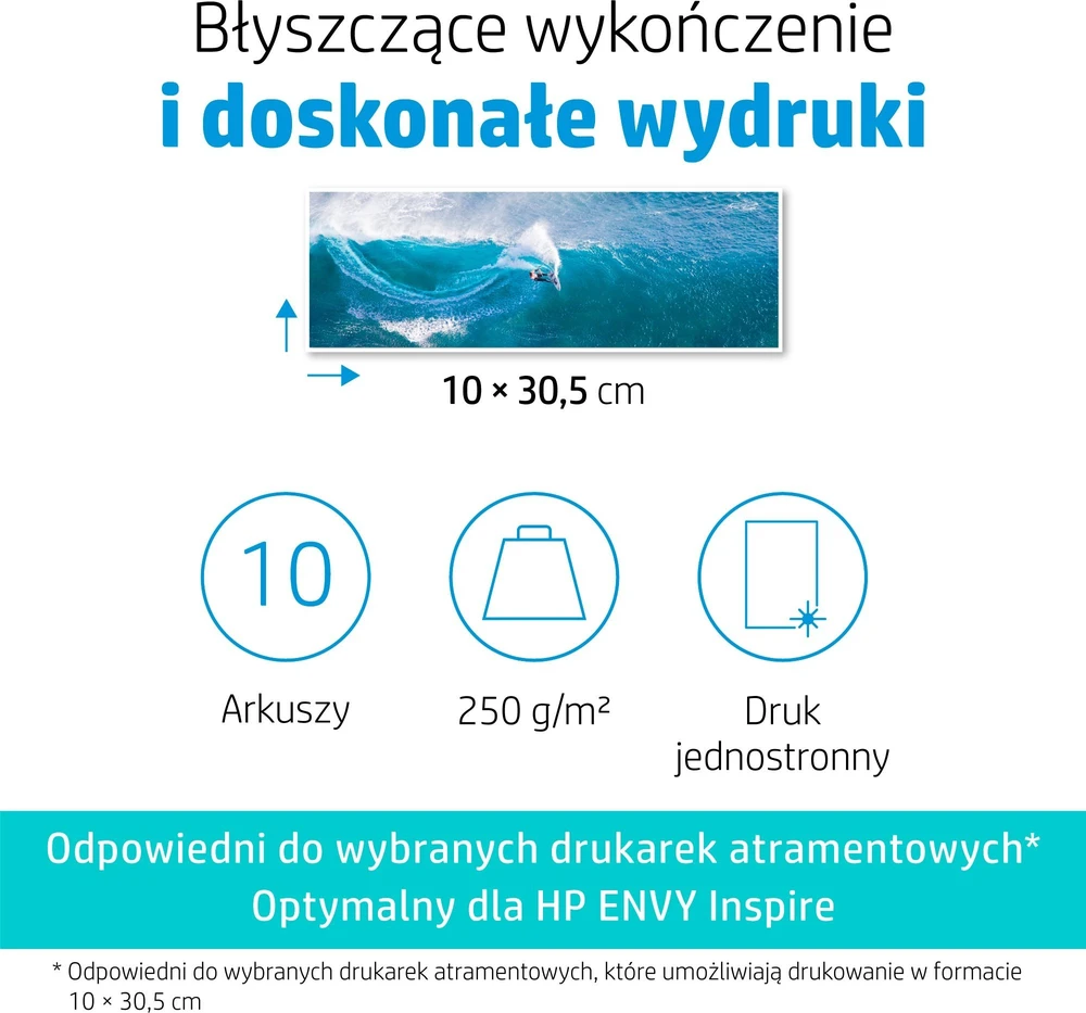 HP Advanced – blizgus – 10,5 mil – 102 x 305 mm – 250 g/m2 – 65 svarai – 10 lapų fotopopierius – skirtas ENVY Inspire 7920e