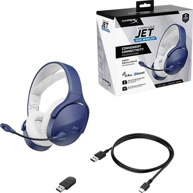 Hewlett Packard (HP) „HyperX Cloud Jet Dual“ belaidės žaidimų ausinės, mėlynos