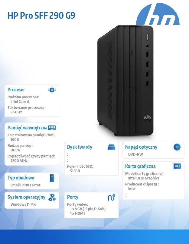 Stacionarus kompiuteris Hewlett Packard (HP) HP Pro 290 G9 Intel® Core™ i5 i5-14400 16 GB DDR4-SDRAM 512 GB SSD Windows 11 Pro SFF PC Juodas