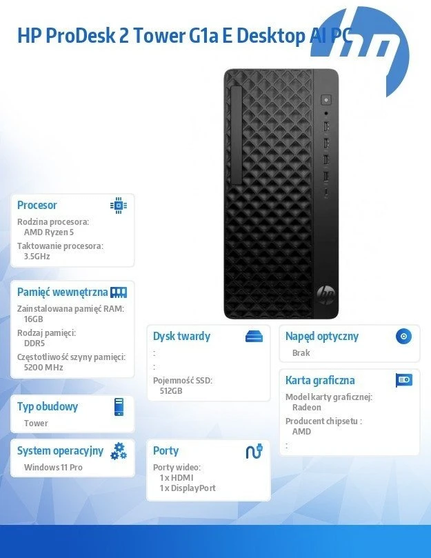 Stacionarus kompiuteris Hewlett Packard (HP) „ProDesk 2 Tower G1a“ R5-8500G 512 GB / 16 GB / W11P, „7c7et“