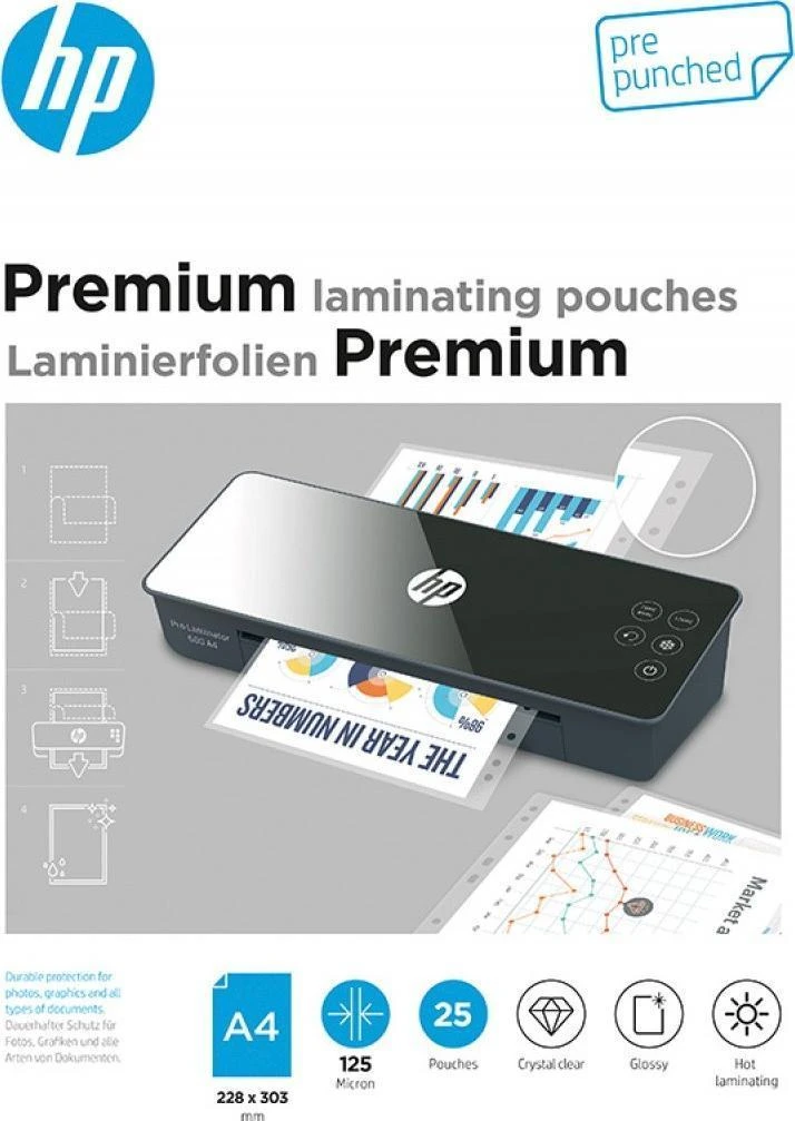 HP Premium laminavimo plėvelės A4, perforuotos, 125 mikronai, 25 vnt., skaidrios/blizgios (HPF9122A4125025)