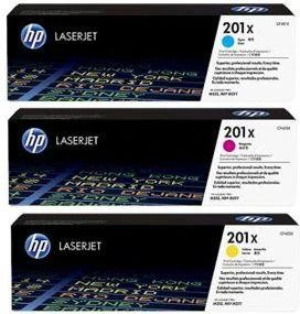 „Hewlett Packard“ (HP) HP 201X originalios „LaserJet“ dažų kasetės, žydros / rausvai raudonos / „Geltona High Yield“ (3 pakuotės)